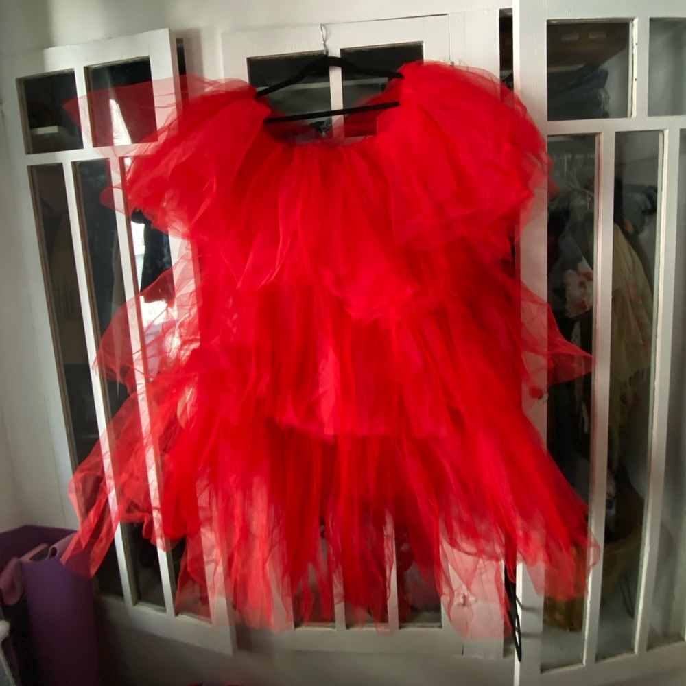 Pouffy red off the shoulder dress